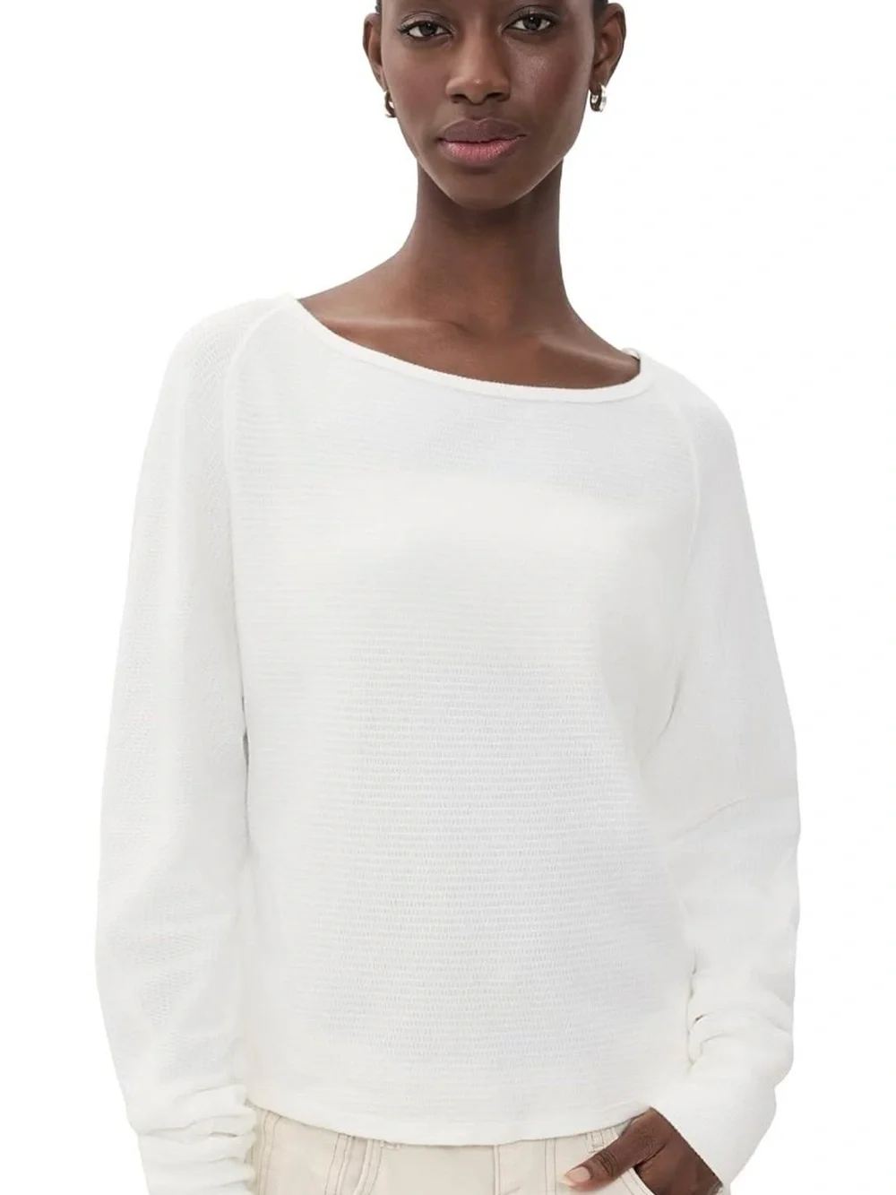 Free People Off-Shoulder Lightweight Knit Sweatshirt in White